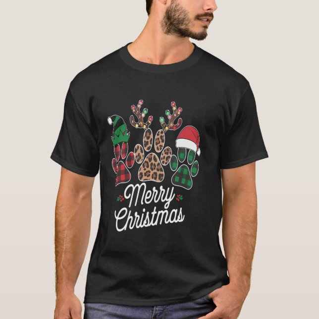 Camiseta Merry Christmas Dog Paws Luce Búfalo Plaid Xmas (Anverso)