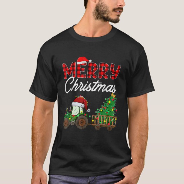 Camiseta Merry Christmas Farm Tractor Tree Buffalo Plaid Sa (Anverso)