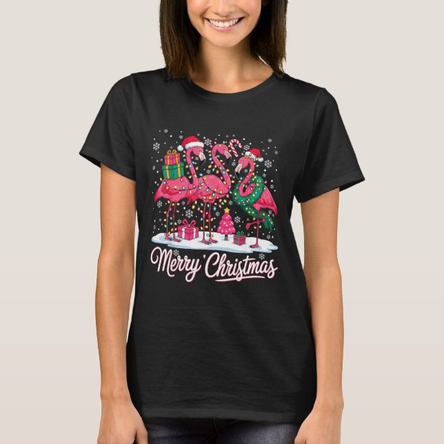 Camiseta Merry Christmas Flamingo Lights Santa Hat Snow Xma (Anverso)