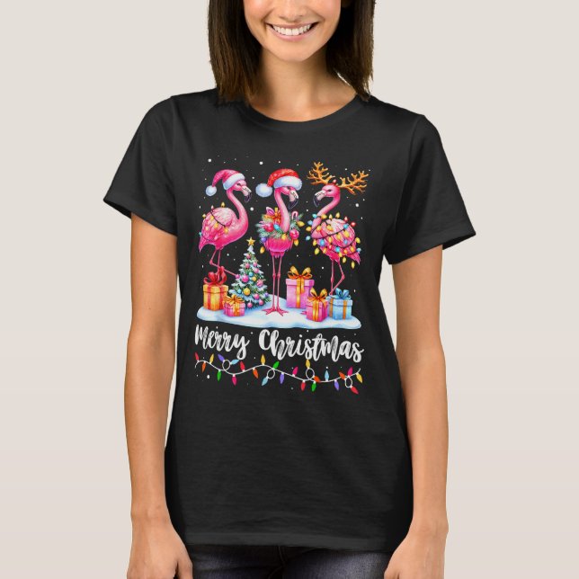 Camiseta Merry Christmas Flamingo Santa Hat Xmas Pajamas Ho (Anverso)