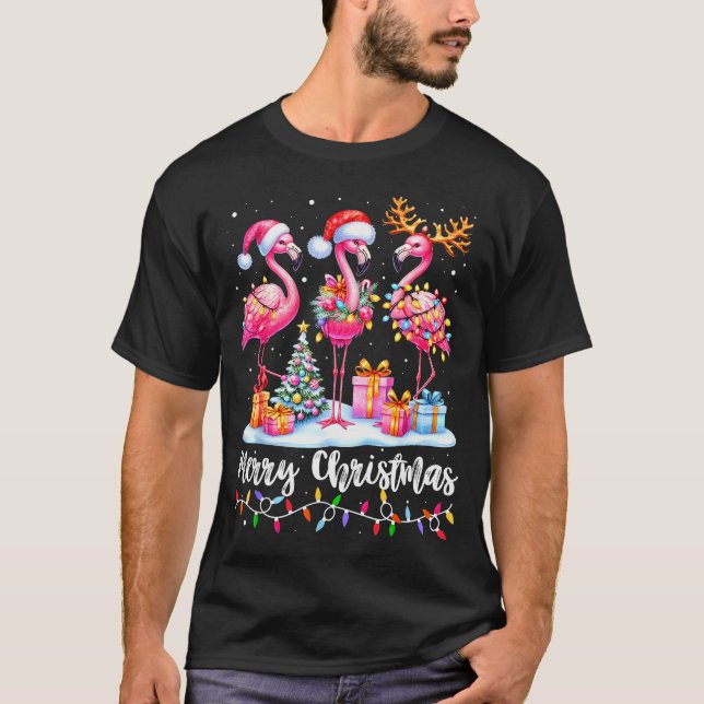 Camiseta Merry Christmas Flamingo Santa Hat Xmas Pajamas Ho (Anverso)