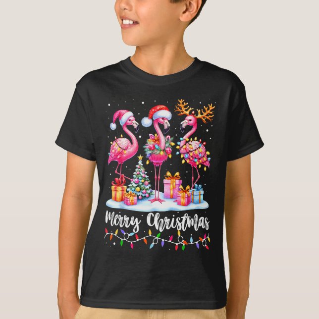 Camiseta Merry Christmas Flamingo Santa Hat Xmas Pajamas Ho (Anverso)
