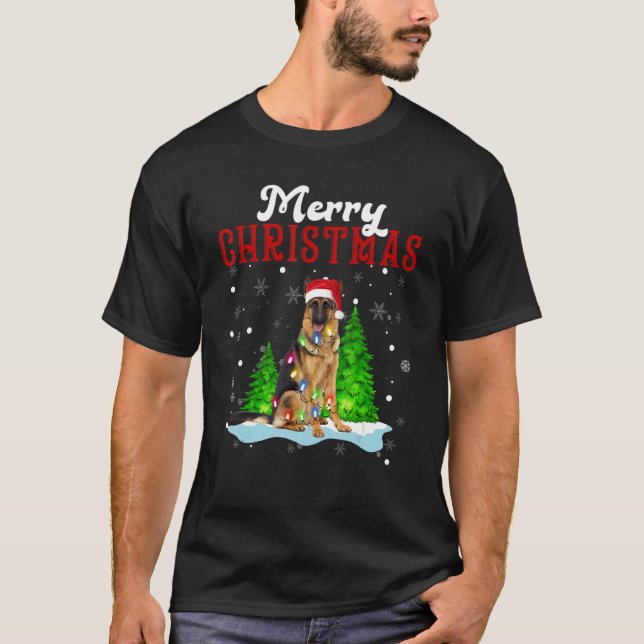 Camiseta Merry Christmas German Shepherd Tree Lights Dog (Anverso)