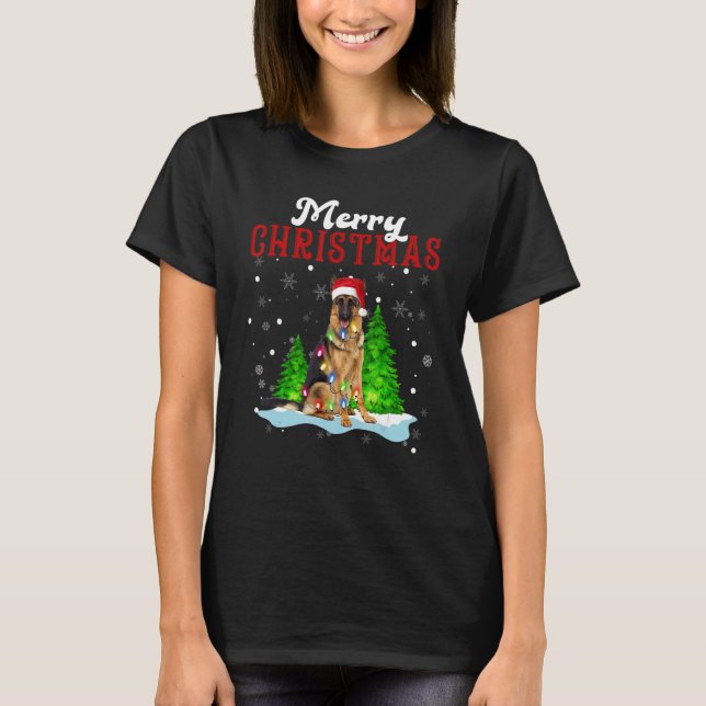 Camiseta Merry Christmas German Shepherd Tree Lights Dog (Anverso)