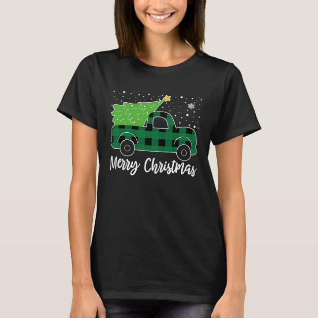 Camiseta Merry Christmas Green Buffalo Plaid Truck Tree Men (Anverso)