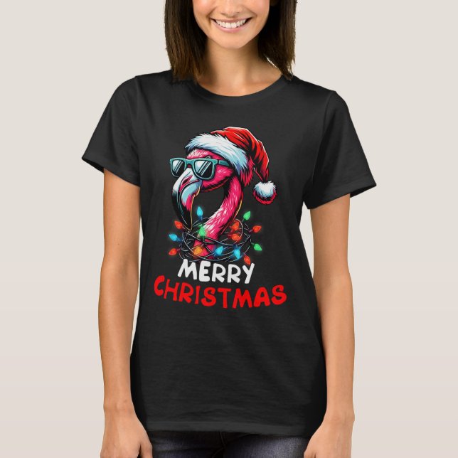 Camiseta Merry Christmas Hat Santa Flamingo Christmas Light (Anverso)