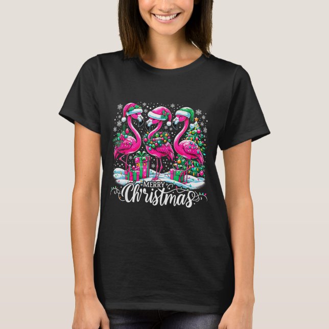 Camiseta Merry Christmas Hat Santa Flamingo Light Christmas (Anverso)
