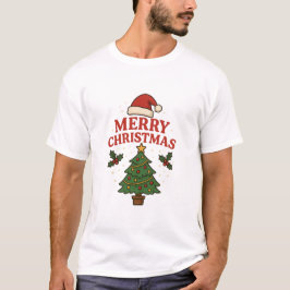 Camiseta Merry Christmas Holiday Tree & Santa Hat Festive 