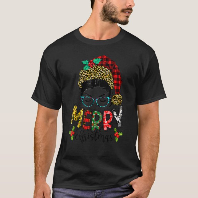 Camiseta Merry Christmas Leopard Messy Bun Happy Xmas 4 (Anverso)