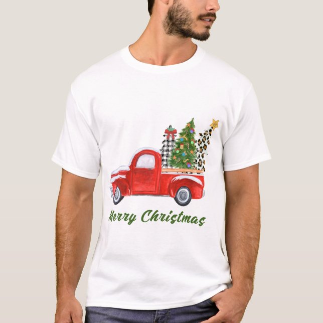 Camiseta Merry Christmas Leopard Plaid Christmas Tree Red T (Anverso)