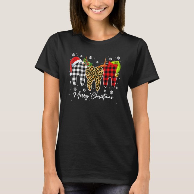Camiseta Merry Christmas Leopard Plaid Teeth Santa Reindeer (Anverso)