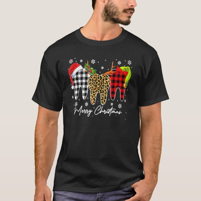 Camiseta Merry Christmas Leopard Plaid Teeth Santa Reindeer (Anverso)
