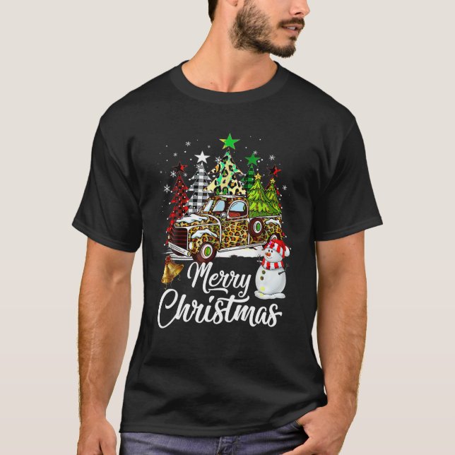 Camiseta Merry Christmas Leopard Truck Buffalo Plaid Tree X (Anverso)