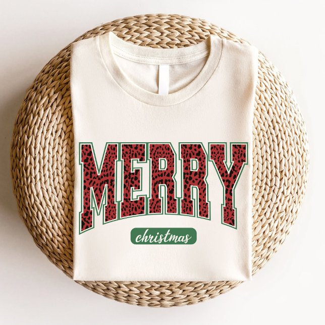 Camiseta Merry Christmas Leopardo Print Green Red (Merry Christmas Leopard Print Green Red T-Shirt)