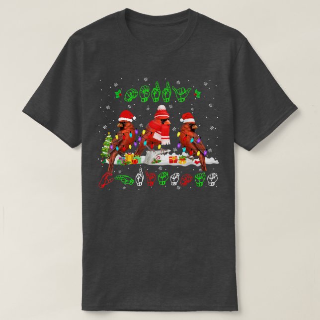 Camiseta Merry Christmas Lights Cardinal Bird ASL Sign Lang (Diseño del anverso)