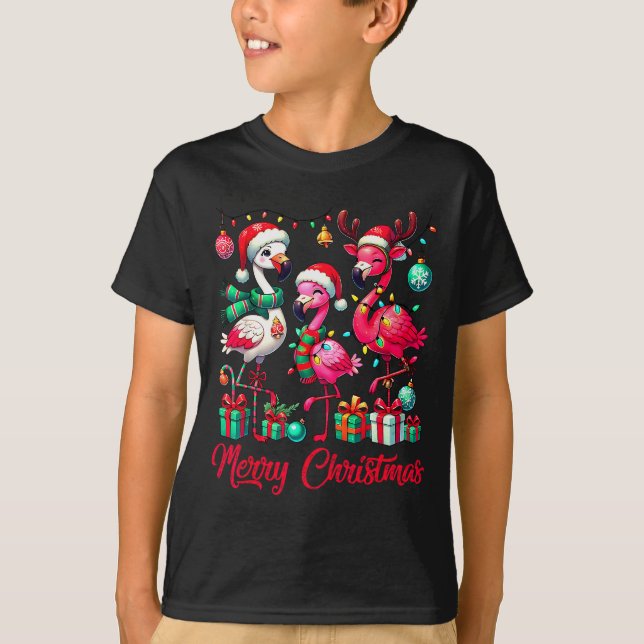 Camiseta Merry Christmas Lights Flamingo Santa Hat Snow Xma (Anverso)