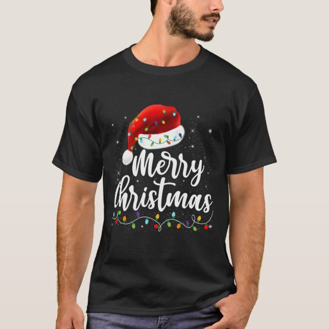 Camiseta Merry Christmas Lights Red Santa Hat Xmas Family M (Anverso)