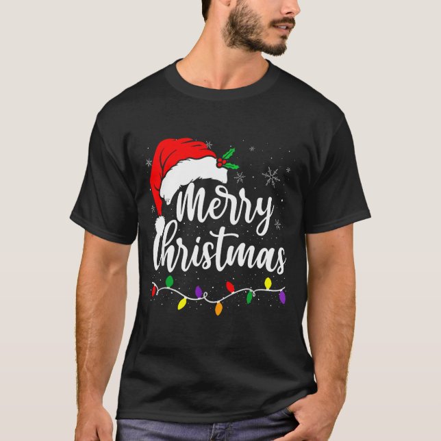 Camiseta Merry Christmas Lights Red Santa Hat Xmas Family M (Anverso)