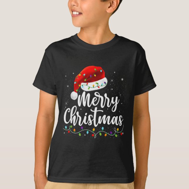 Camiseta Merry Christmas Lights Red Santa Hat Xmas Family M (Anverso)