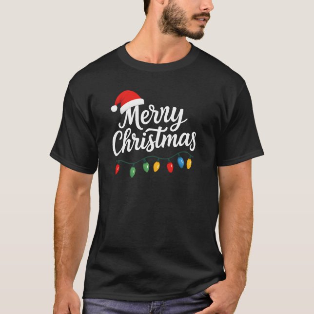 Camiseta Merry Christmas Lights Santa Hat Family (Anverso)