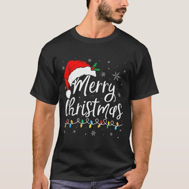 Camiseta Merry Christmas Lights Santa Hat Xmas Family Match (Anverso)