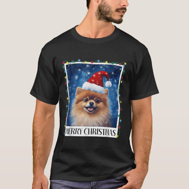 Camiseta Merry Christmas Meranian Santa Hat Xmas Dog Lights (Anverso)