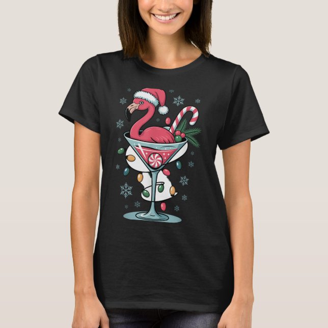 Camiseta Merry Christmas Nk Flamingo Wine Drinking Lights X (Anverso)