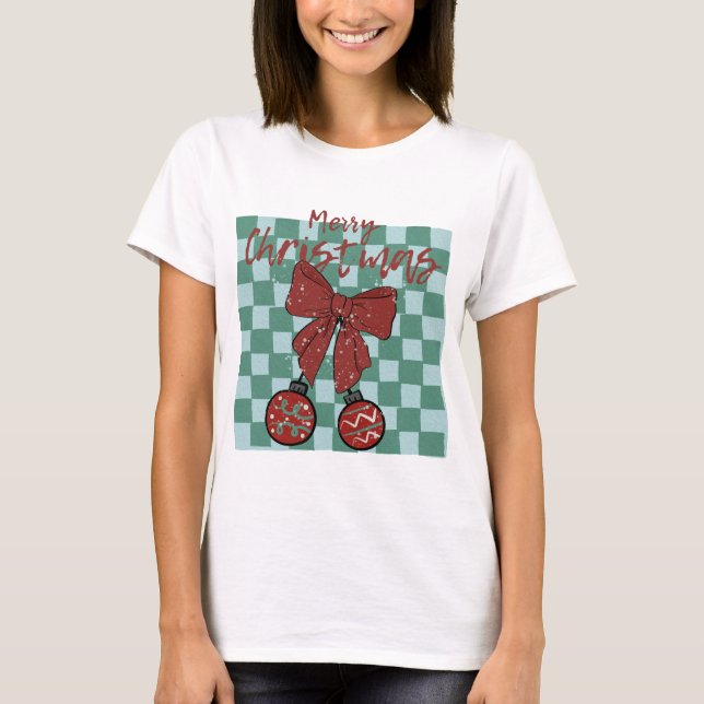 Camiseta Merry Christmas Red Bow Ornaments Design (Anverso)