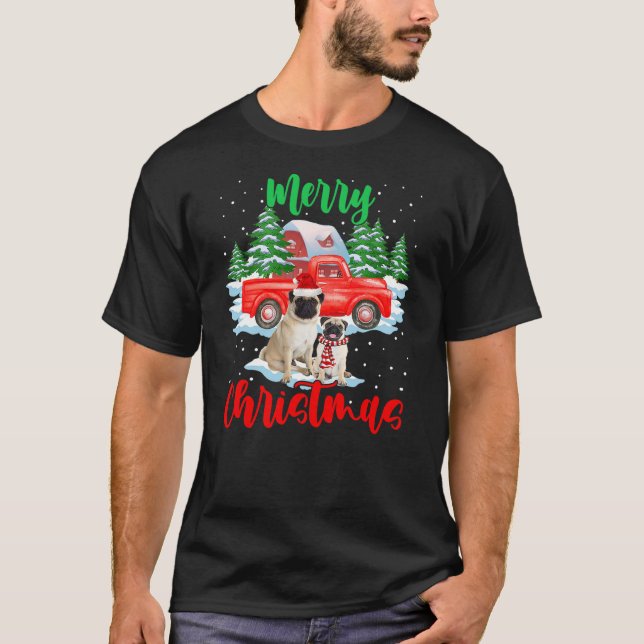 Camiseta Merry Christmas Santa Pug And Truck Dog Gift (Anverso)
