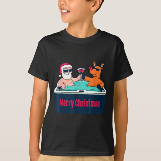 Camiseta Merry Christmas Santa Reindeer Hot Tub Spa Wine  (Anverso)