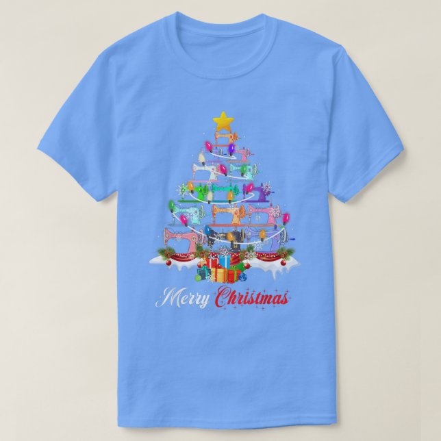 Camiseta Merry Christmas Sewing Machines Xmas Tree Lights Q (Diseño del anverso)