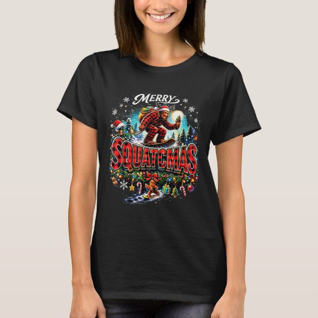 Camiseta Merry Christmas Squatchmas Funny Bigfoot Snowboard (Anverso)