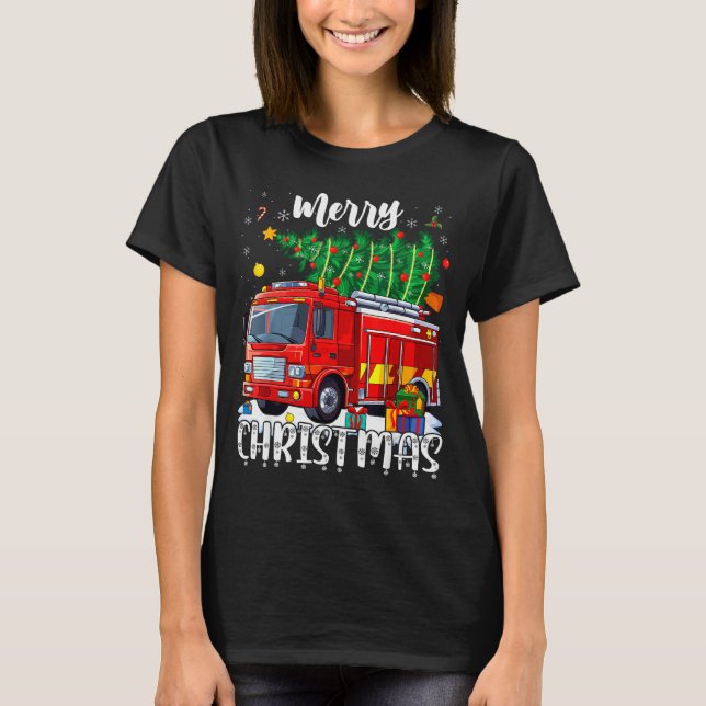 Camiseta Merry Christmas Tree Firetruck Pajama Firefighter  (Anverso)