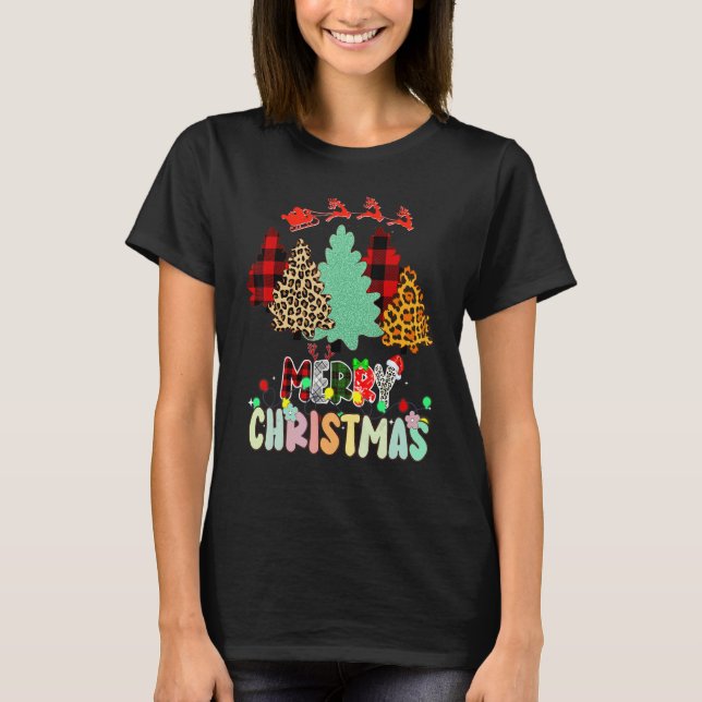 Camiseta Merry Christmas Tree Leopard Buffalo Red Plaid For (Anverso)