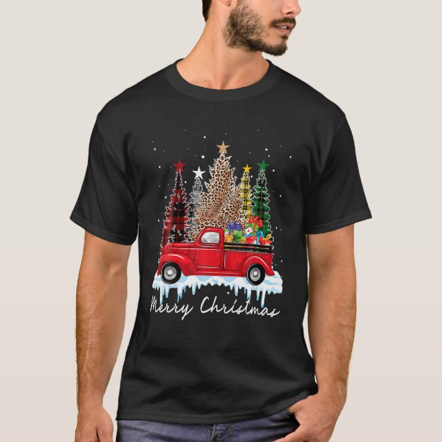 Camiseta Merry Christmas Tree Leopard Plaid Red Green Truck (Anverso)
