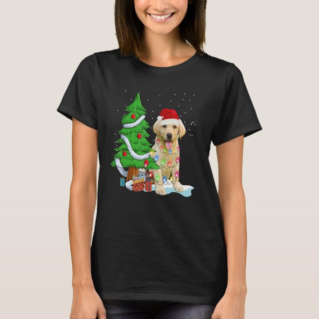 Camiseta Merry Christmas Tree Light Santa Hat Dog Labrador  (Anverso)