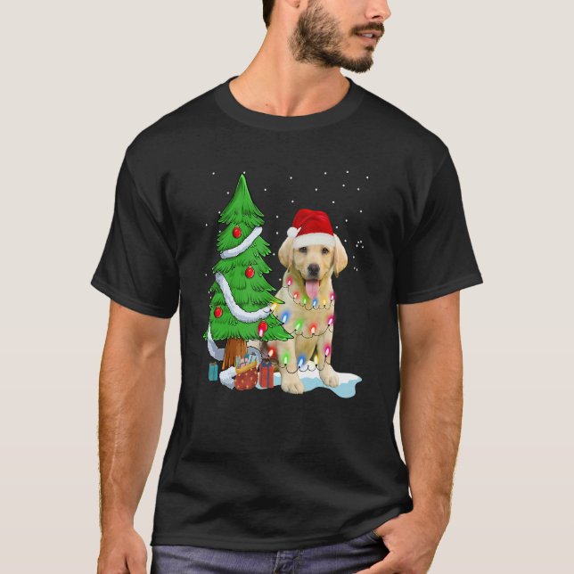 Camiseta Merry Christmas Tree Light Santa Hat Dog Labrador  (Anverso)