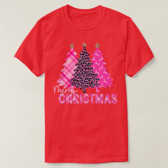 Camiseta Merry Christmas Tree Pink Buffalo Plaid and Leopar (Diseño del anverso)