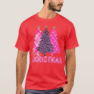Camiseta Merry Christmas Tree Pink Buffalo Plaid and Leopar