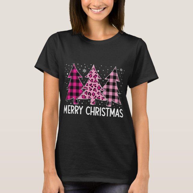 Camiseta Merry Christmas Tree Pink Buffalo Plaid and Leopar (Anverso)