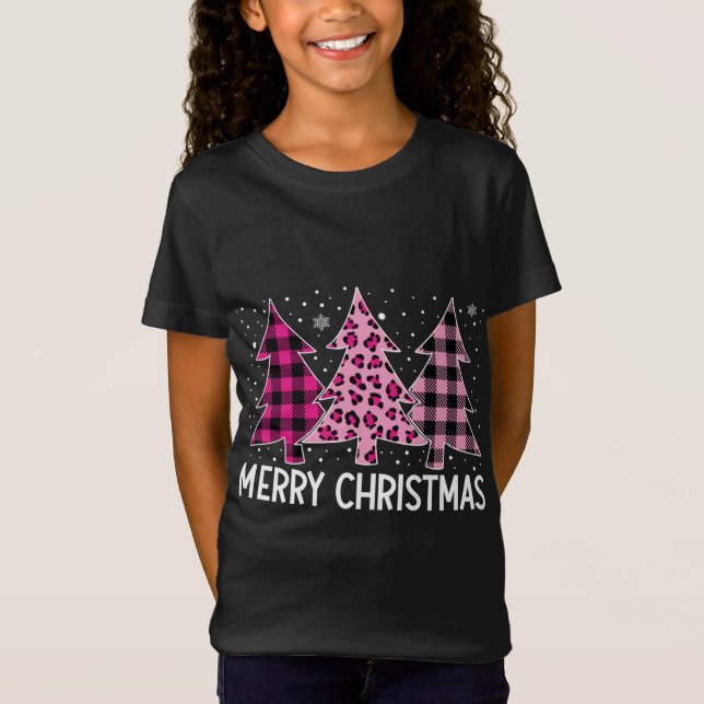 Camiseta Merry Christmas Tree Pink Buffalo Plaid and Leopar (Anverso)