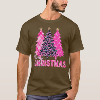 Camiseta Merry Christmas Tree Pink Buffalo Plaid and Leopar