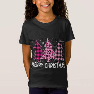 Camiseta Merry Christmas Tree Pink Buffalo Plaid and Leopar