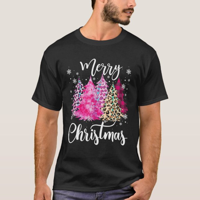 Camiseta Merry Christmas Tree Pink Leopardo Buffalo Plaid C (Anverso)