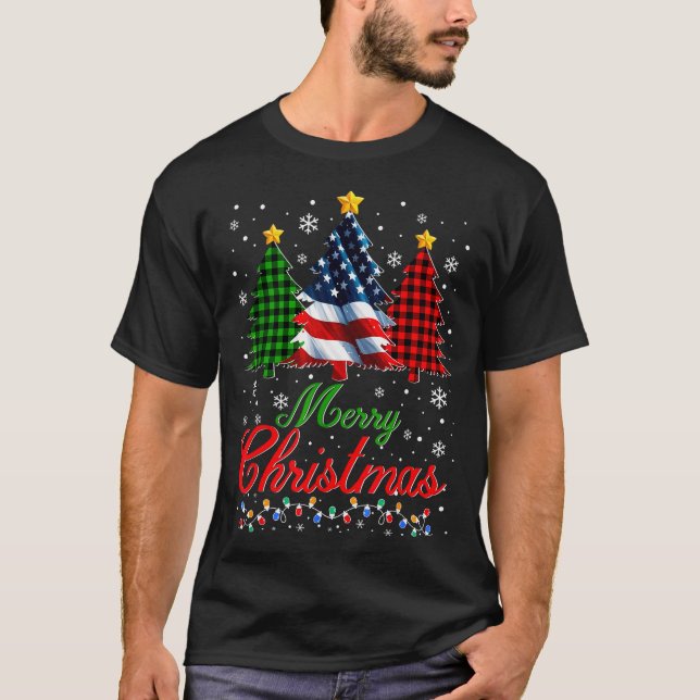 Camiseta Merry Christmas Tree Plaid Us Flag Snowflake Xmas  (Anverso)