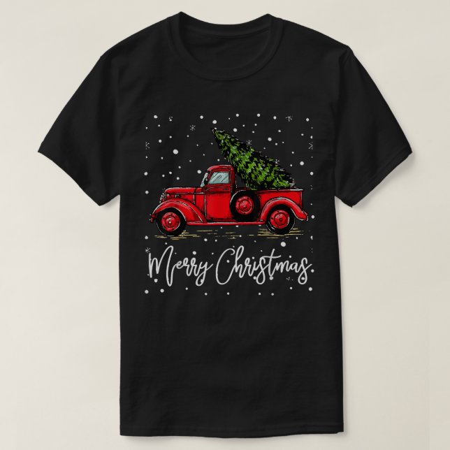 Camiseta Merry Christmas Truck Red With Tree Funny Xmas Paj (Diseño del anverso)