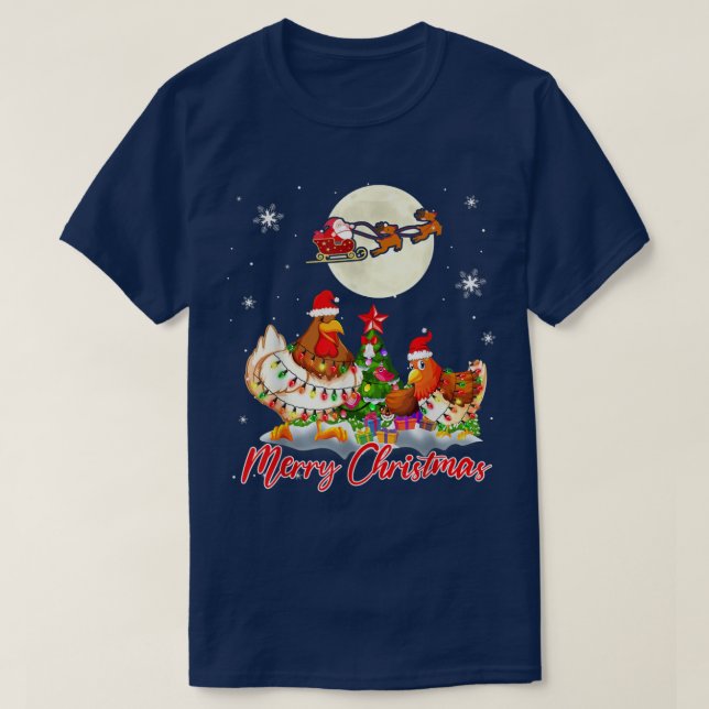 Camiseta Merry Christmas Two Santa Chickens Xmas Tree Light (Diseño del anverso)
