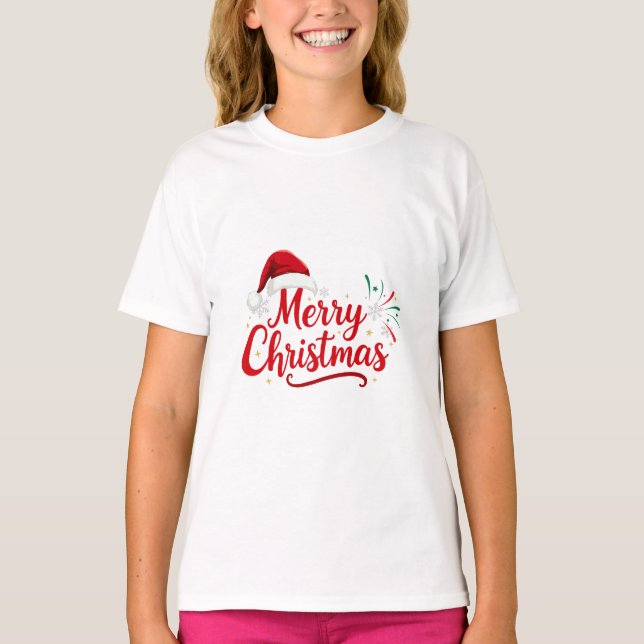 Camiseta Merry Christmas Typography with Santa Hat and Snow (Anverso)