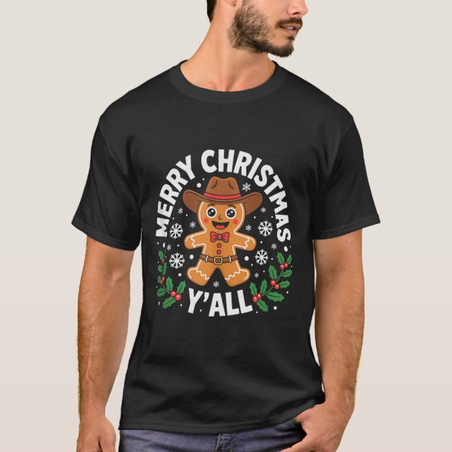 Camiseta Merry Christmas Yall Gingerbread Cowboy Howdy West (Anverso)