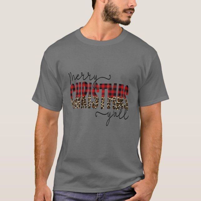 Camiseta Merry Christmas Y'all Leopard Red Buffalo Plaid (Anverso)